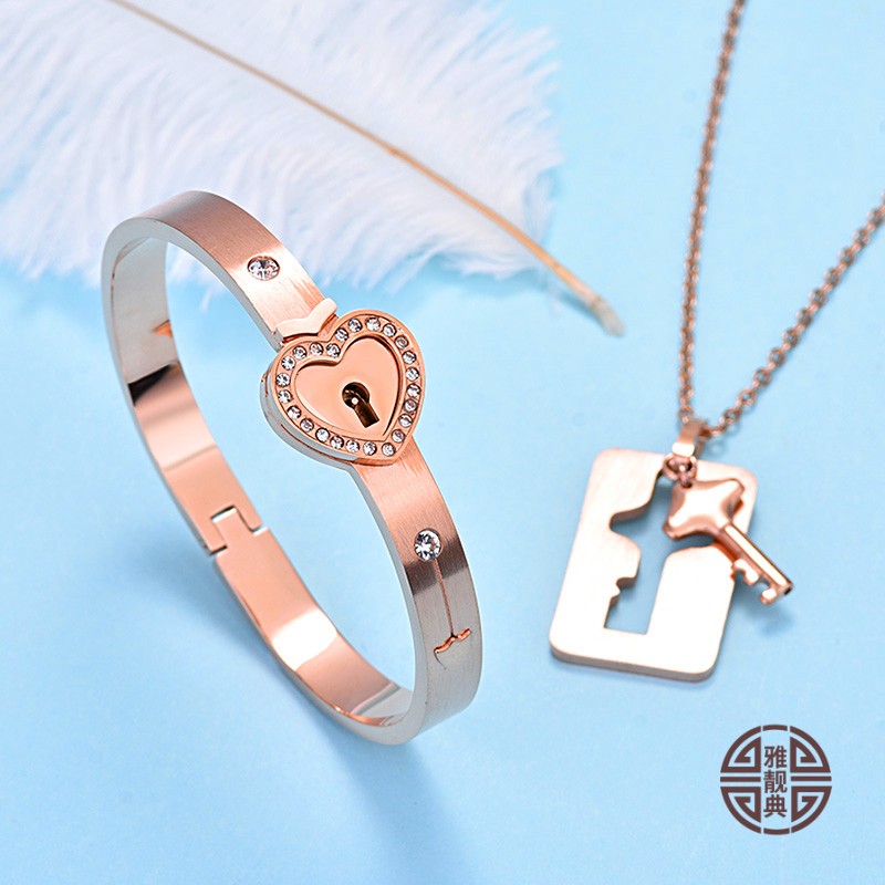 雅靓典同心锁情侣手链一对互锁项链手镯男女抖音同款刻字情人节礼物