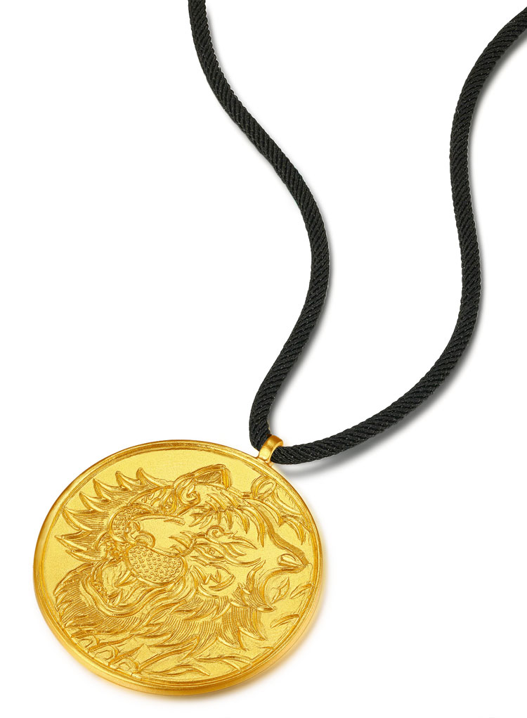 勋月珠宝古法黄金手工錾刻虎头吊坠足金9999十二生肖虎吊坠项链传承