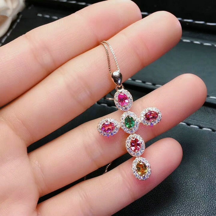 糖果色碧玺宝石十字架链坠旺夫 吊坠 玫瑰银色(佩证书 带项链)【图片