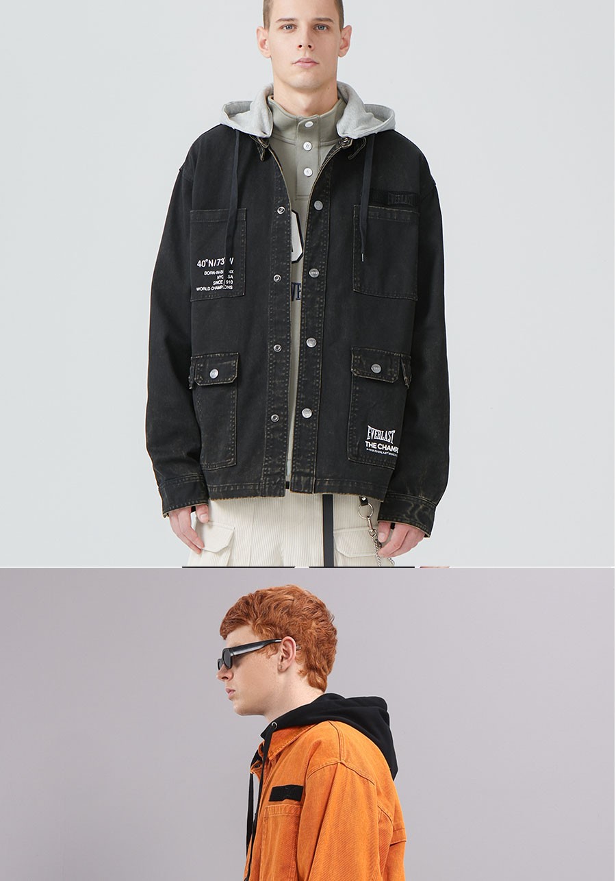 everlast拳击服时尚休闲牛仔外套秋冬新款带帽褂子户外潮流服装橙色xl
