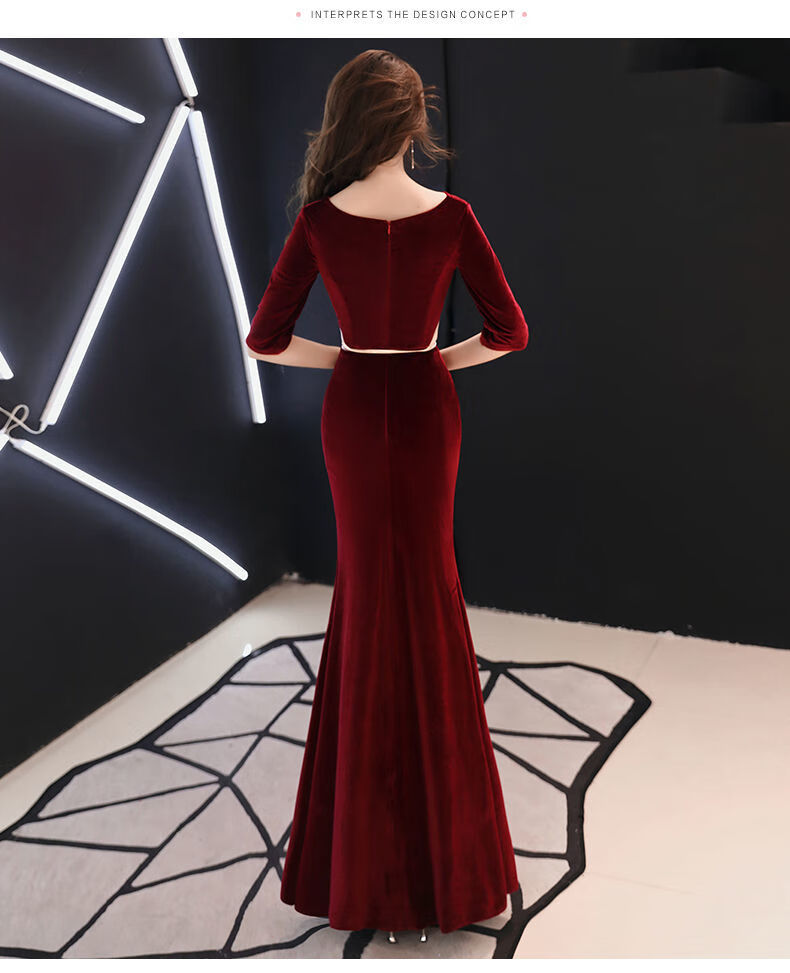 团礼服裙长款优雅气质高贵婚礼金丝绒连衣裙敬酒服秋冬鱼尾裙黑色2xl