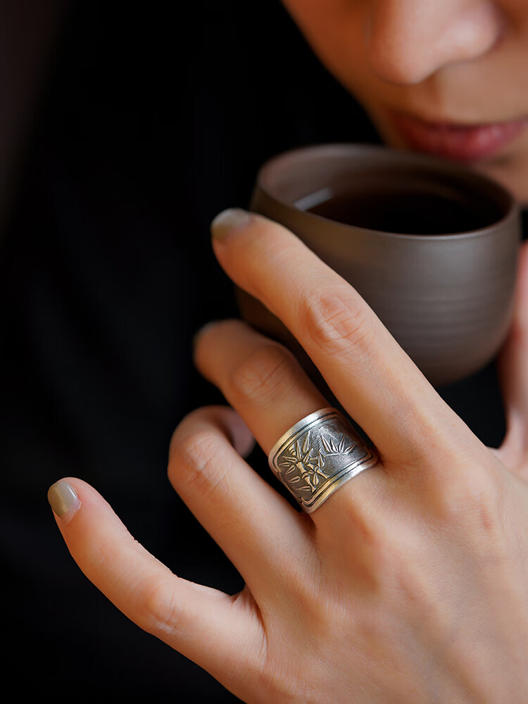 【官方旗舰】芙芬竹报平安|未时足银錾刻开口戒指复古董手工999男女