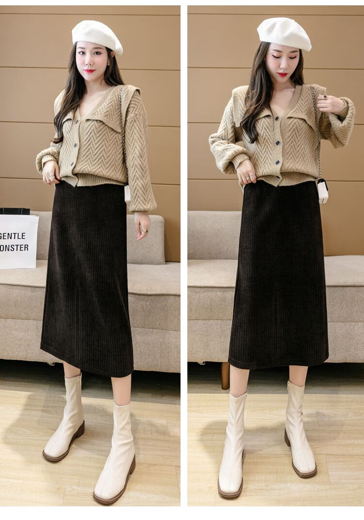 加绒加厚灯芯绒半身裙开叉女秋冬包臀裙中长款直筒裙黑色常规款s