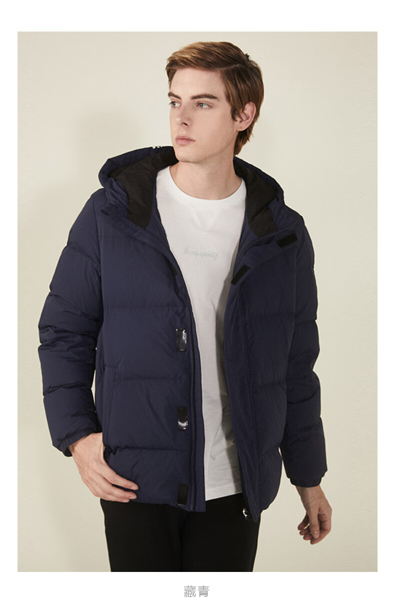 乐卡克法国公鸡品牌冬季日常休闲系列加厚保暖带帽短装羽绒服男士黑色