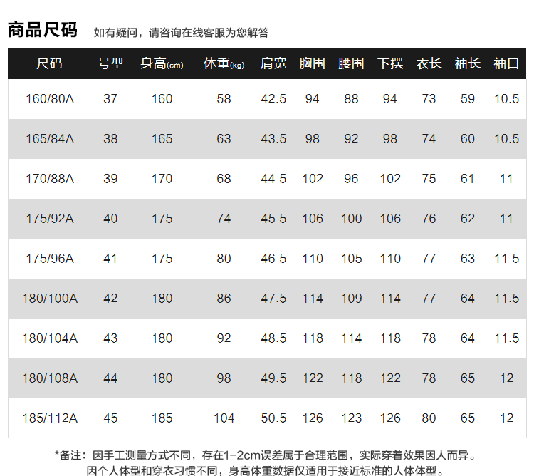 175衬衫尺码对照表图片