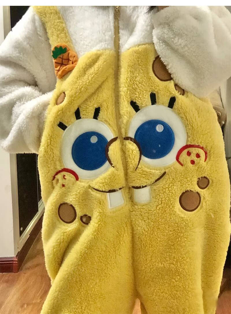 乐卉工厂卡通动漫海绵宝宝连体睡衣女秋珊瑚绒加厚可外穿家居服女女士