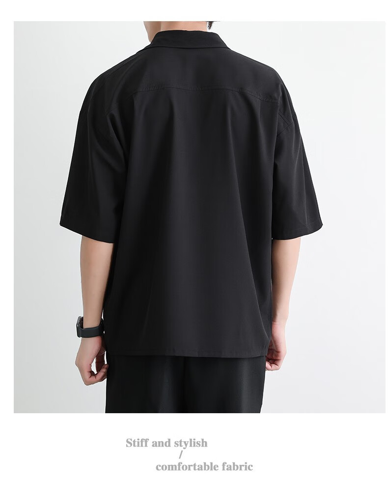 mostvevy短袖衬衫男春夏季新款冰丝痞帅黑色韩版潮流衬衣宽松休闲垂感