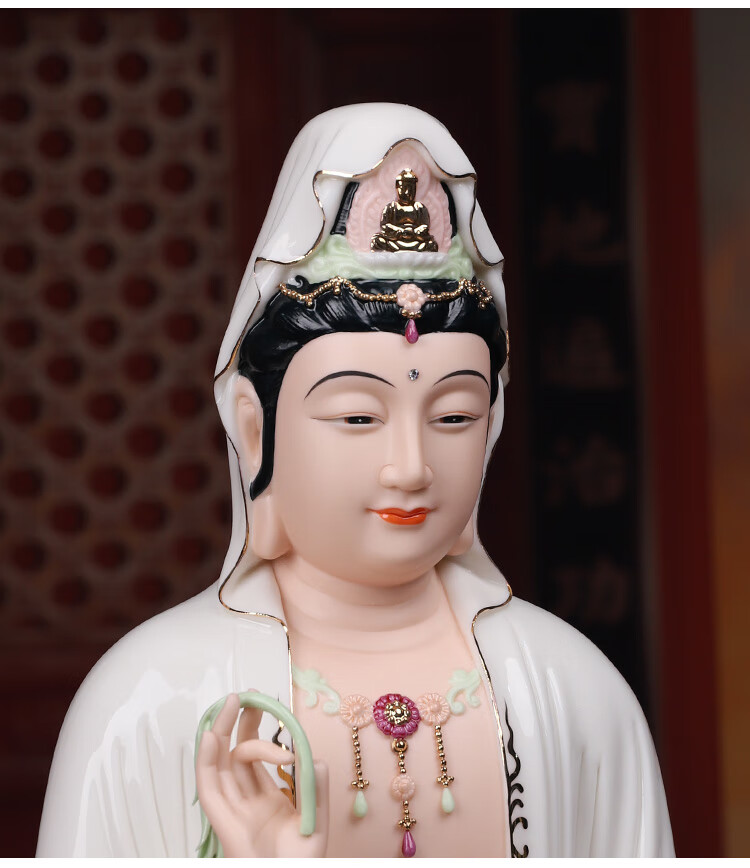 供奉佛堂陶瓷微笑观世音菩萨像保佛摆件平安12吋南海观音佛像高白土