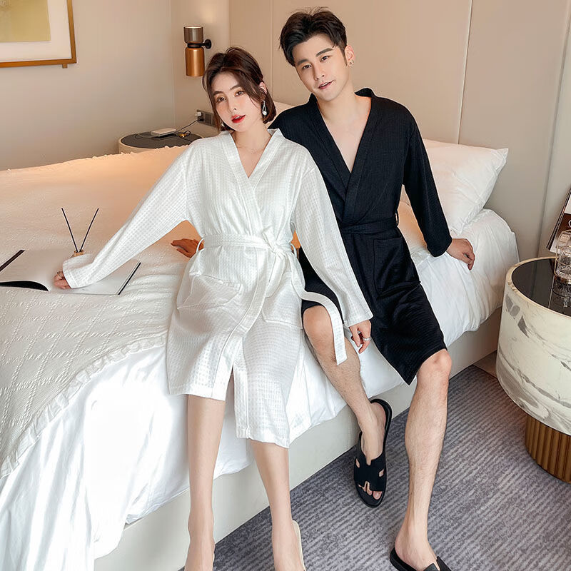 春夏情侣浴袍女中长袖薄款纯色棉吸水浴衣袍五星级酒店睡袍男大码217