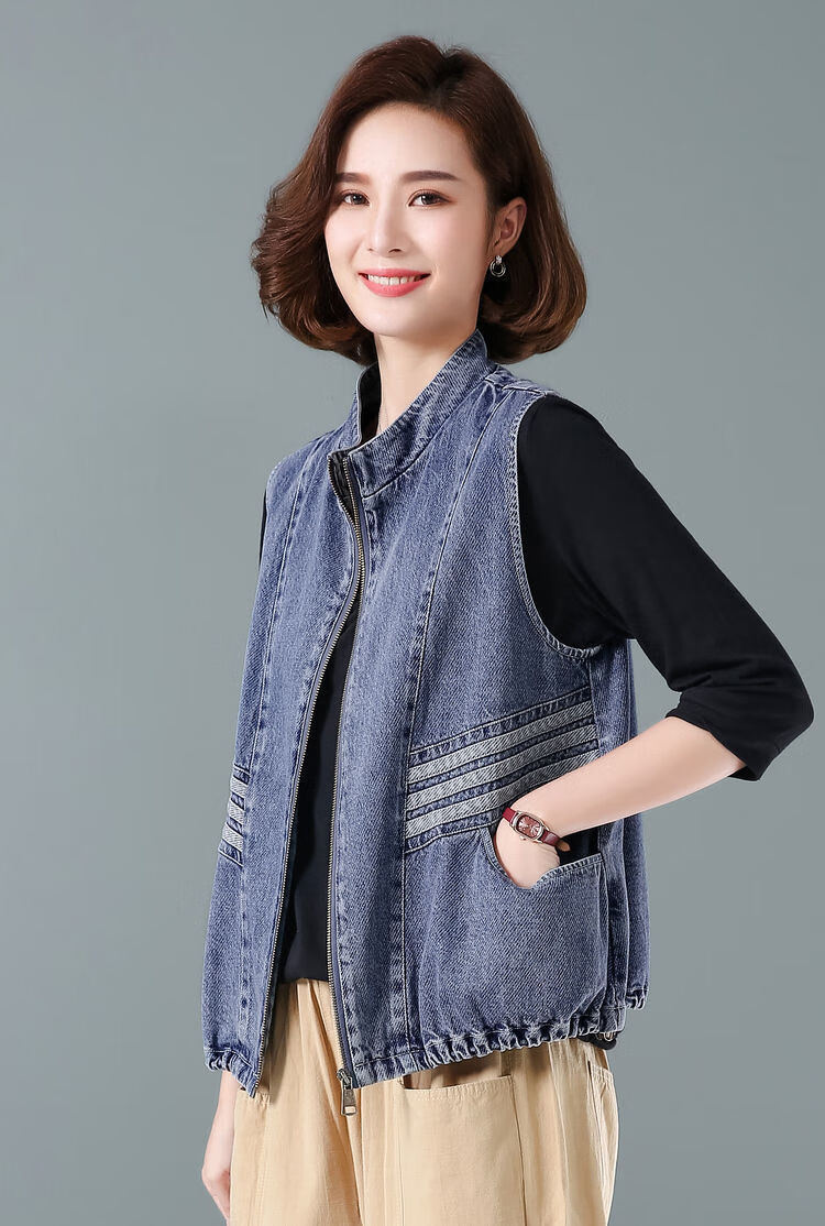 大口袋无袖宽松马甲百搭宽松短款上衣潮春天穿牛仔蓝8903xl120135斤