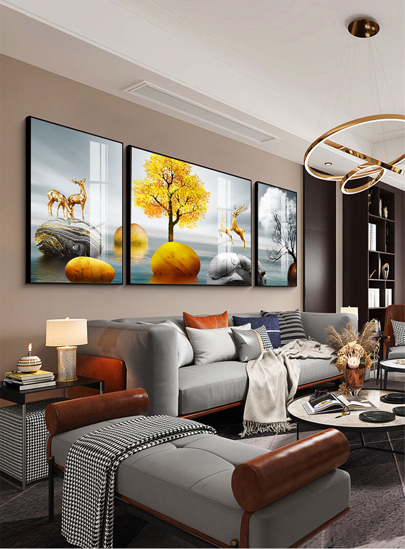 客厅装饰画沙发背景墙挂画现代简约高端大气轻奢壁画晶瓷画三联画聚财
