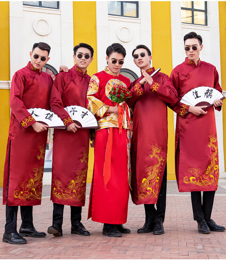 尊彭zunpeng伴郎服中式婚礼男士长衫兄弟团结婚礼服中国风唐装长袍