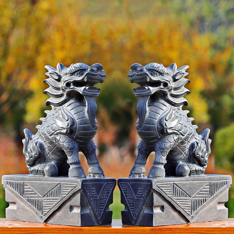 奥琅石苑石雕石头青石麒麟门口摆件公母一对石材风水看门客厅装饰摆件