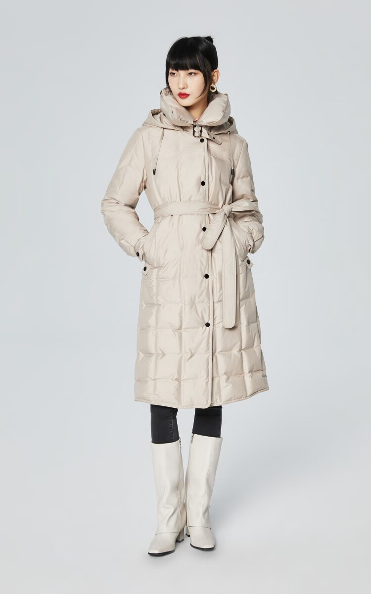 veromoda2022新款90%白鸭绒修身系带长款羽绒服女322112007 s59黑色