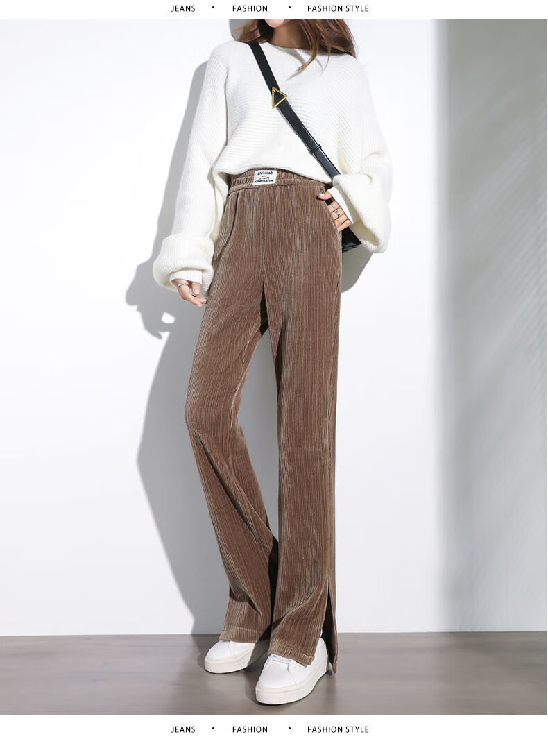 开叉雪尼尔条绒裤子女阔腿裤秋冬新款高腰直筒宽松休闲条纹拖地裤黑色