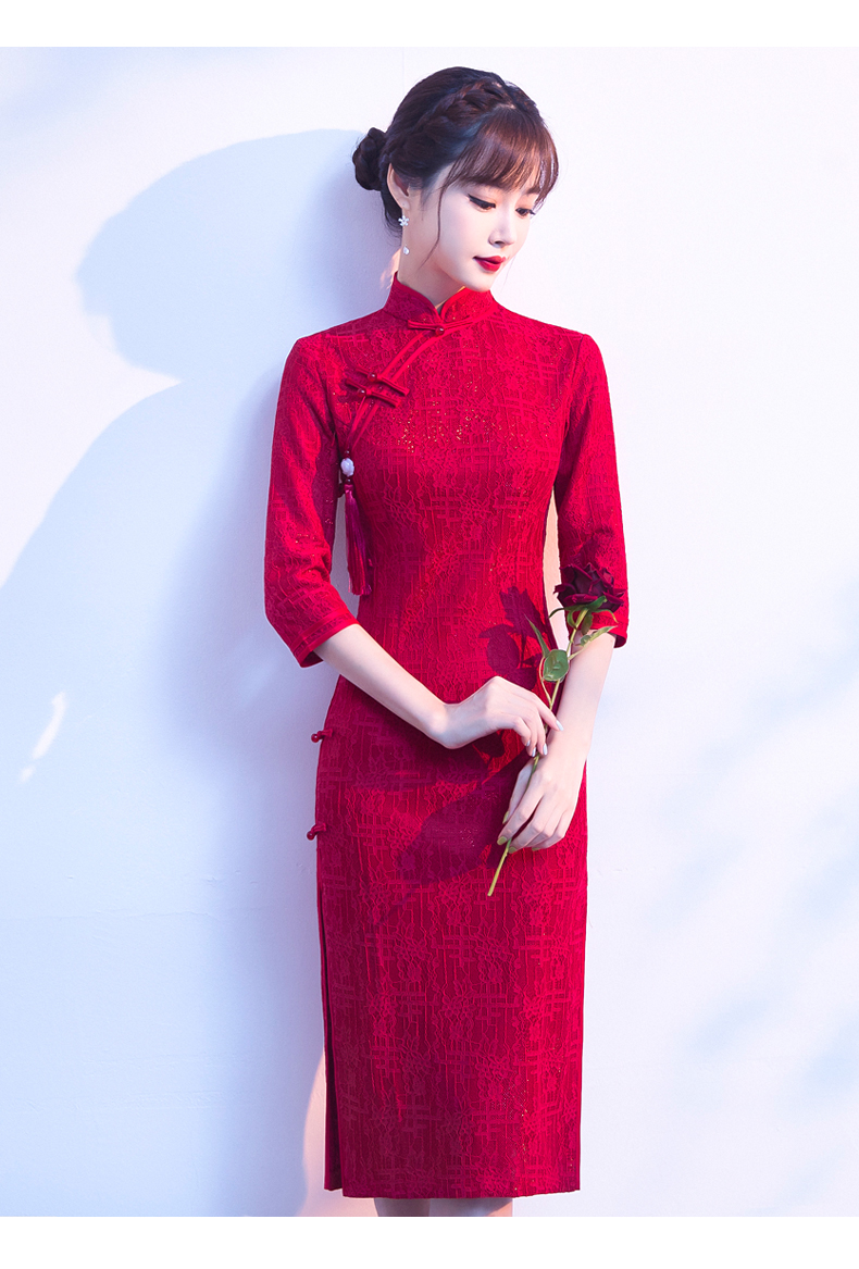 皮尔卡丹轻奢高档女装红色旗袍年轻款少女2021年新款秋冬气质敬酒服
