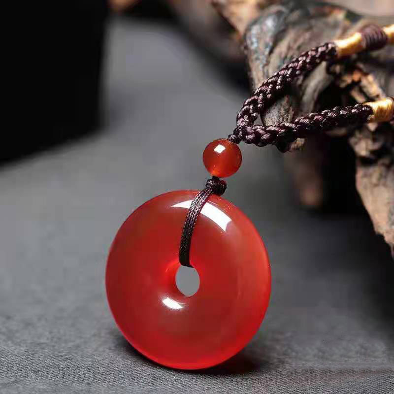 玉髓玛瑙平安扣挂件水晶玉石项链吊坠情侣款送朋友礼物橘红色直径约