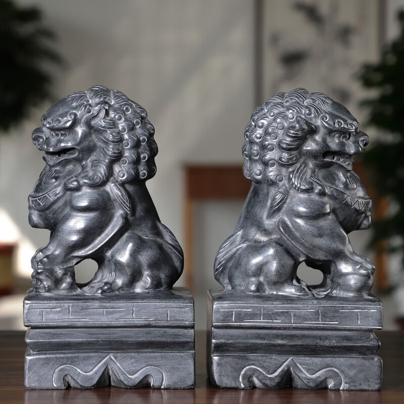 奥琅石苑石雕石狮子摆件一对看门石头摆件青石庭院中式摆件家用大门口