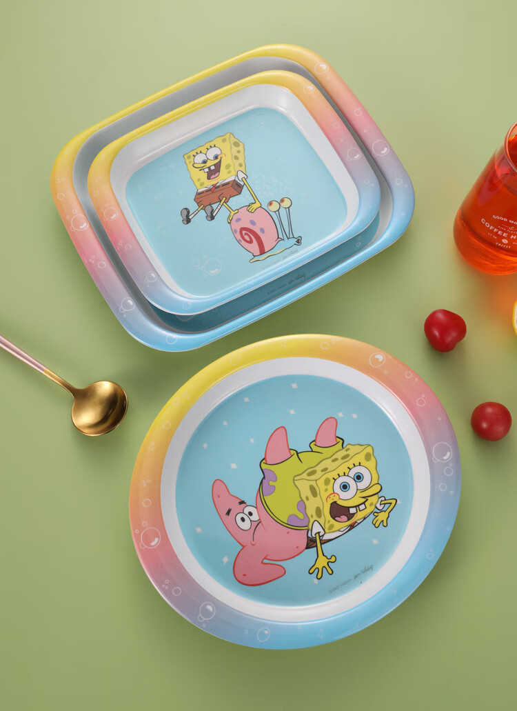 彩虹梦儿童餐盘海绵宝宝卡通图案竹纤维家用可爱儿童分格餐盘幼儿园