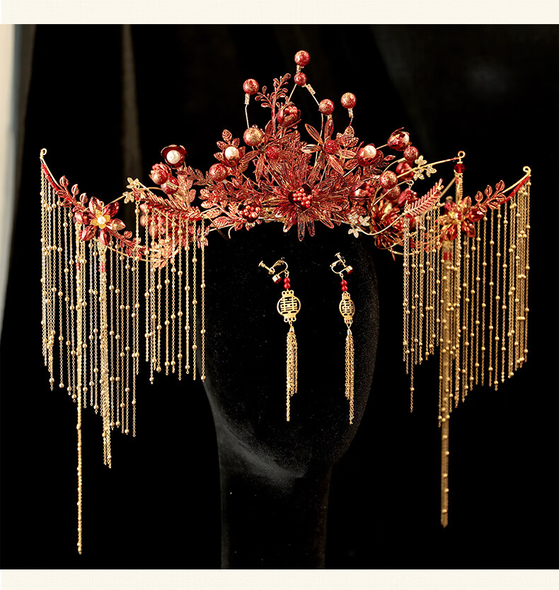 秀禾头饰简单大气中式新娘结婚秀禾服发饰流苏凤冠红色女如南凤冠耳饰