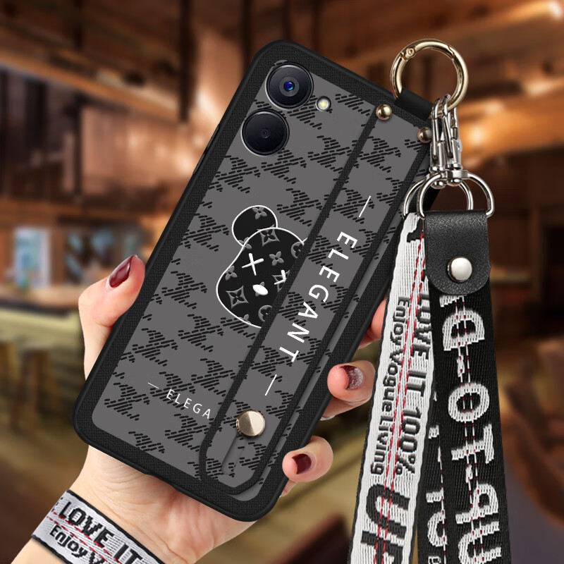 福壳realme真我v20手机壳 腕带可斜跨浮雕彩绘防摔保护套 棕色熊(单壳