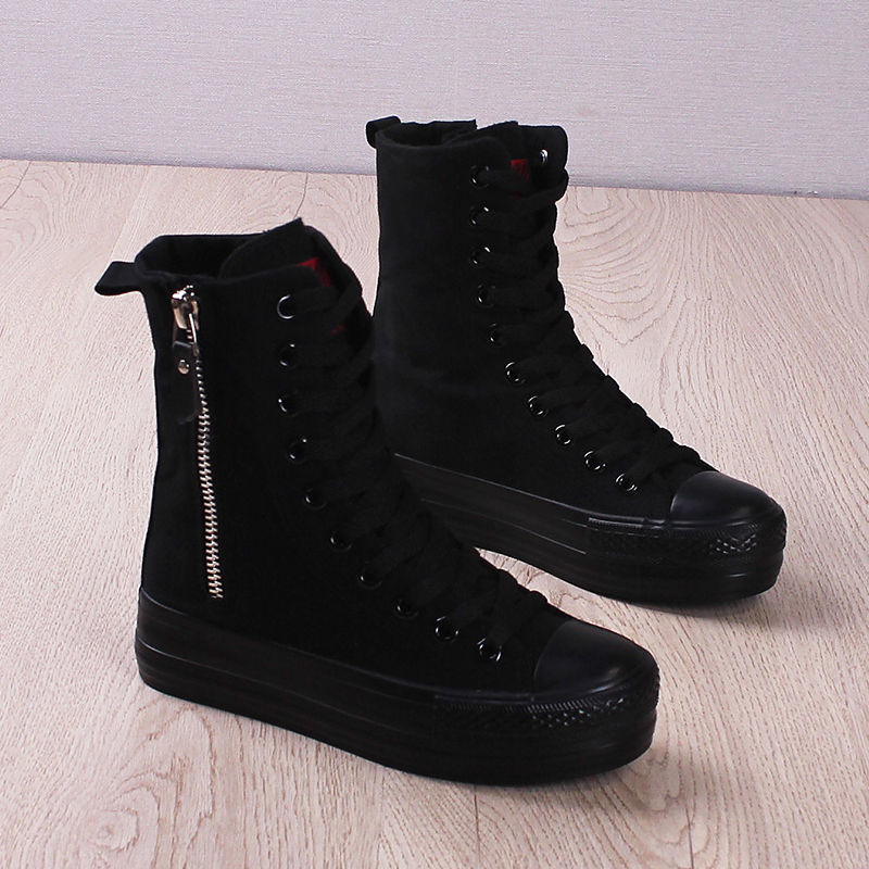 高帮帆布鞋女韩版百搭拉链学生舞蹈靴黑色街拍厚底内增高短靴白色内