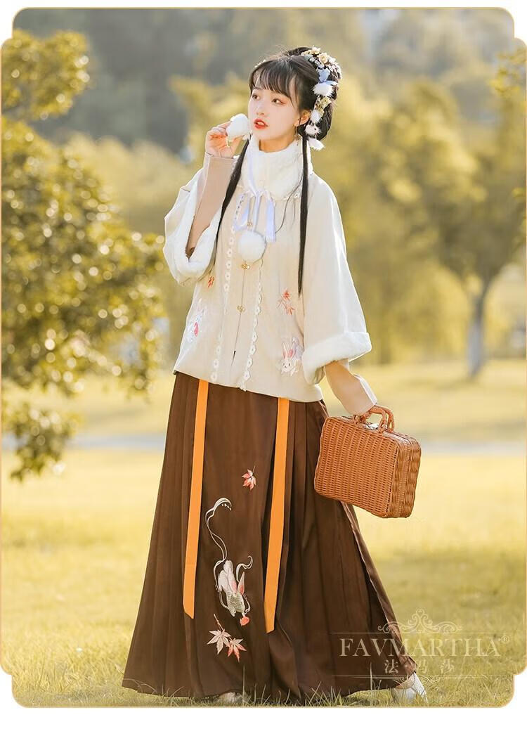 法玛莎品牌女装原创玉兔正品汉服女冬季拜年明制立领对襟半袖加厚刺绣