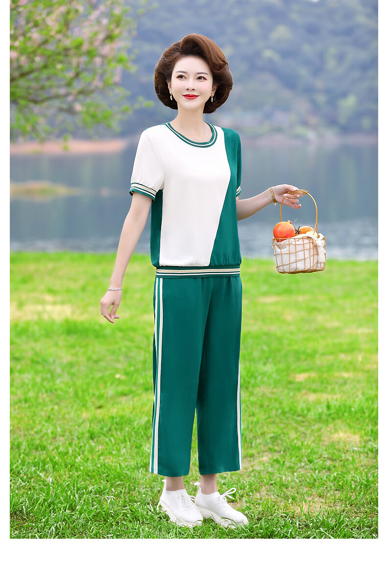 中年妇女夏季短袖衣服中老年女装休闲运动套装绿色5xl建议145160斤