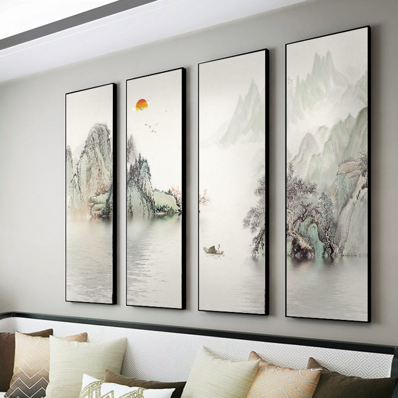 新中式客厅装饰画流水生财沙发背景墙挂画茶室禅意水墨四联山水画图案