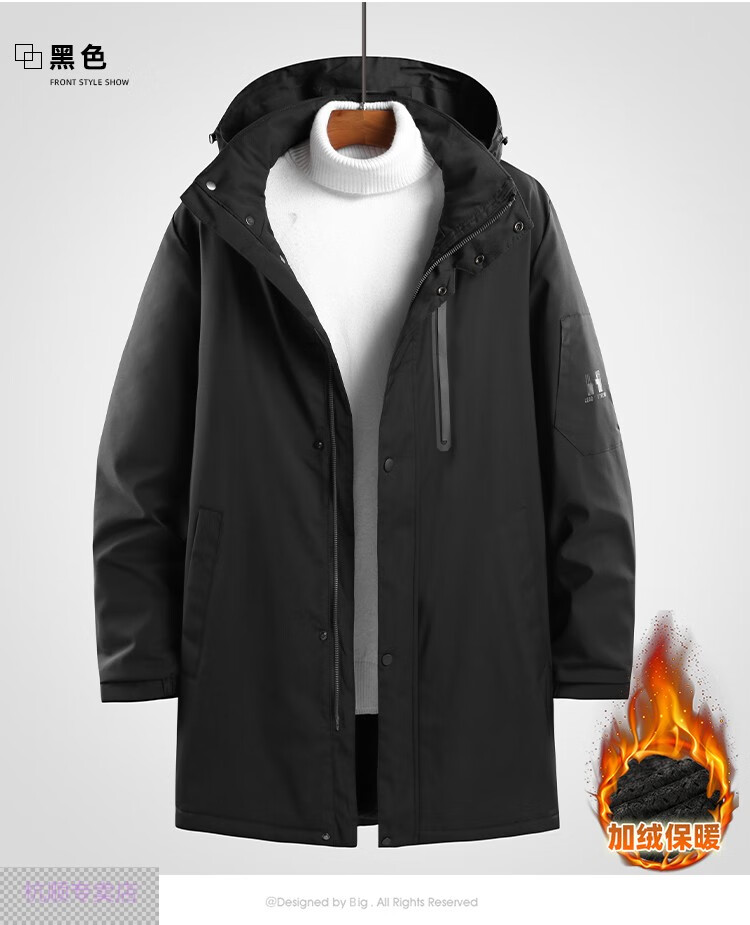 加绒加厚风衣男青年潮流可脱卸帽子韩版大码胖子男士中长款外套藏青xl