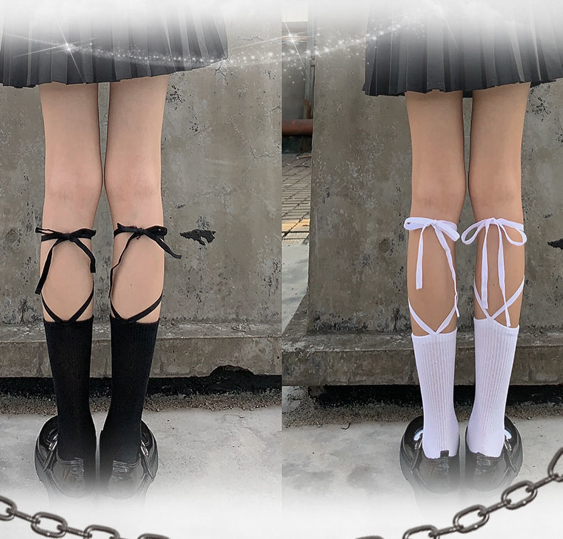 日系绑带袜子女ins潮ita中筒袜交叉小腿袜长筒jk系带绑带袜白色1双无