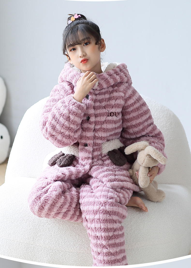 噜噜牛儿童睡衣女童冬季珊瑚绒三层夹棉加厚款冬天连帽保暖中大童家居