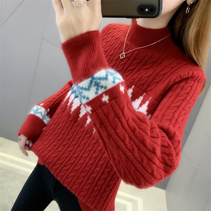 21年毛衣女冬季新款韩版针织衫套头针织衫麻花夹色套头女装8170米白色