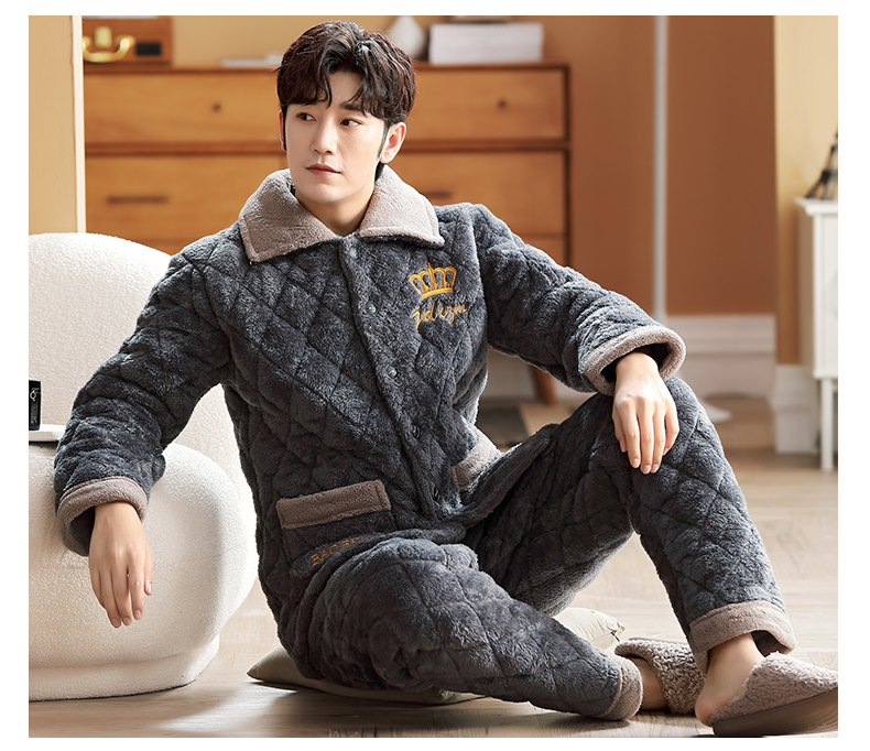 男士夹棉睡衣冬款珊瑚绒三层加绒加厚中青年家居服冬天保暖棉袄居家服