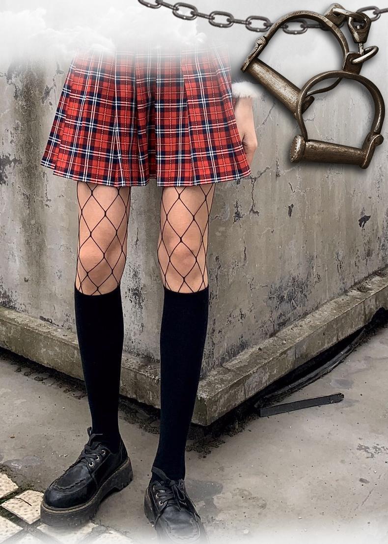 研豆暗黑渔网袜连裤丝袜长筒q趣连体黑色ins潮大网格朋克袜子女大网