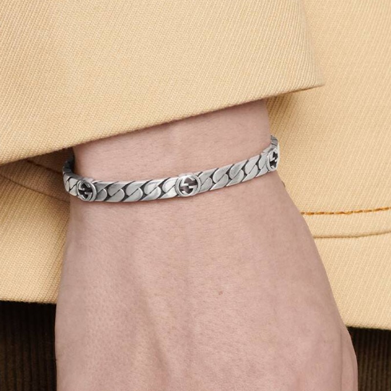 古驰gucci时尚互扣式双g手镯925纯银宽度6毫米送男朋友男女同款预售16