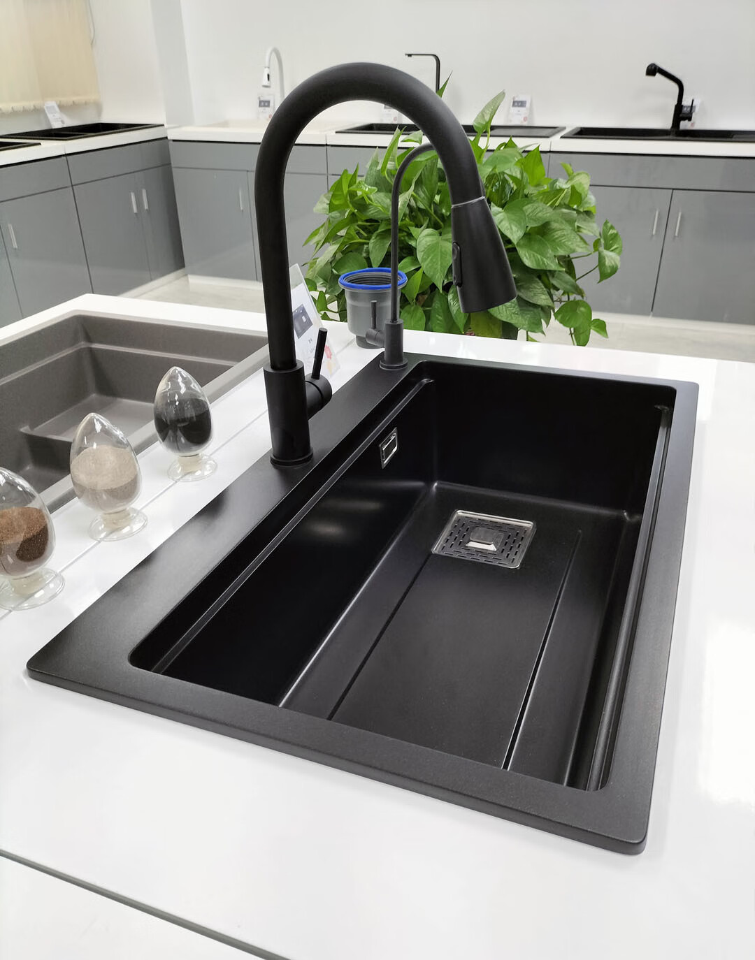 水斗厨房家用商用巴台黑色石英石洗碗槽洗菜盆日式大单槽水槽套餐