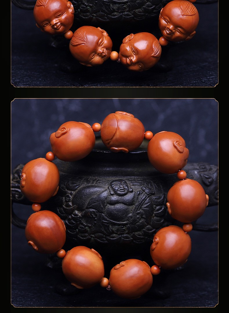 豪珠橄榄核手串十分开心手工核雕童趣橄榄胡雕刻笑口常开铁核1921mm