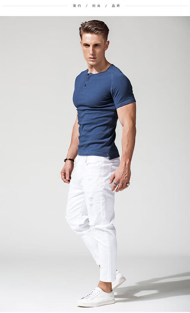 添光亨利衫硬汉短袖男亨利领t恤重磅紧身修身打底衫运动上衣体恤夏季