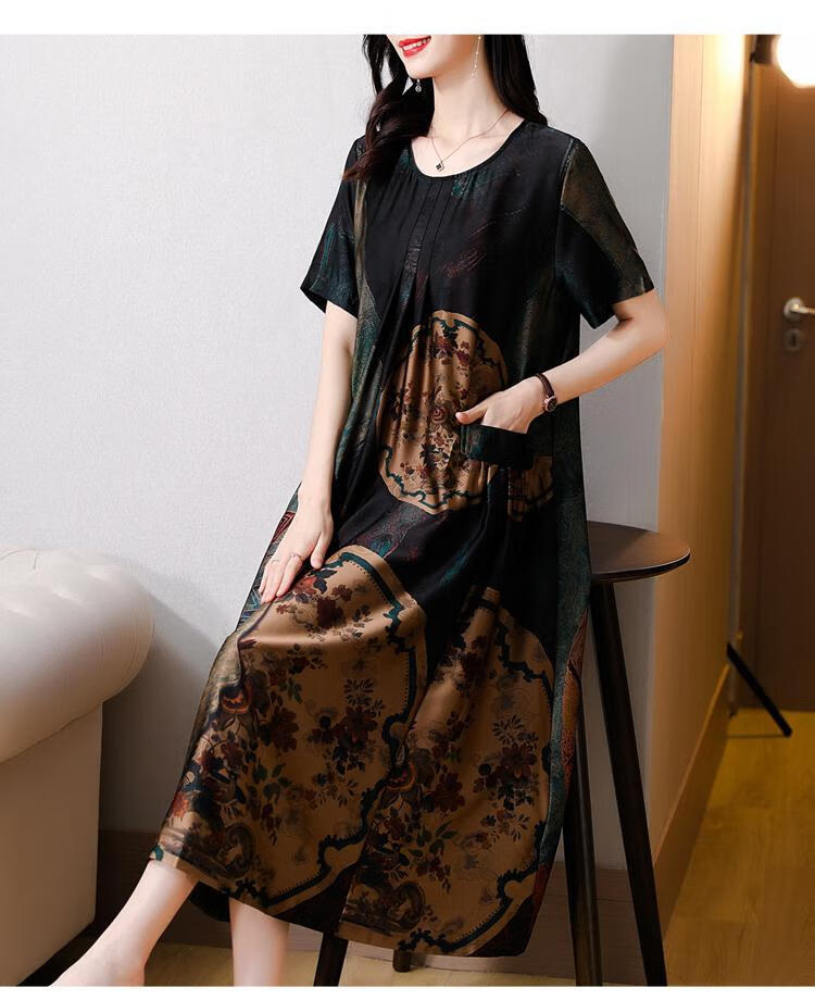 广州13行大码真丝连衣裙加肥加大夏高档装杭州真丝连衣裙大码香云纱桑