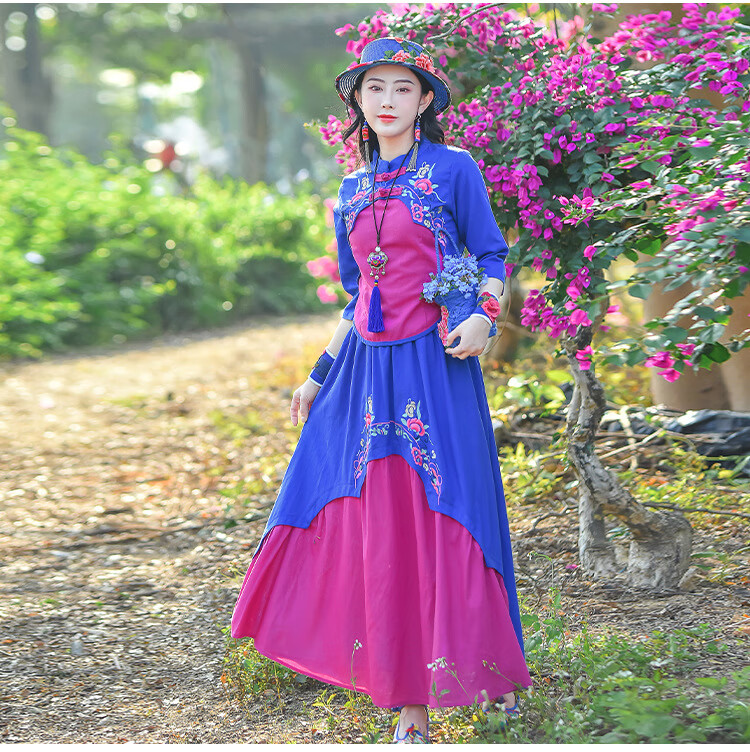 民族风套装女中国风复古春夏新款套裙云南棉麻印花绣花上衣半身裙两件