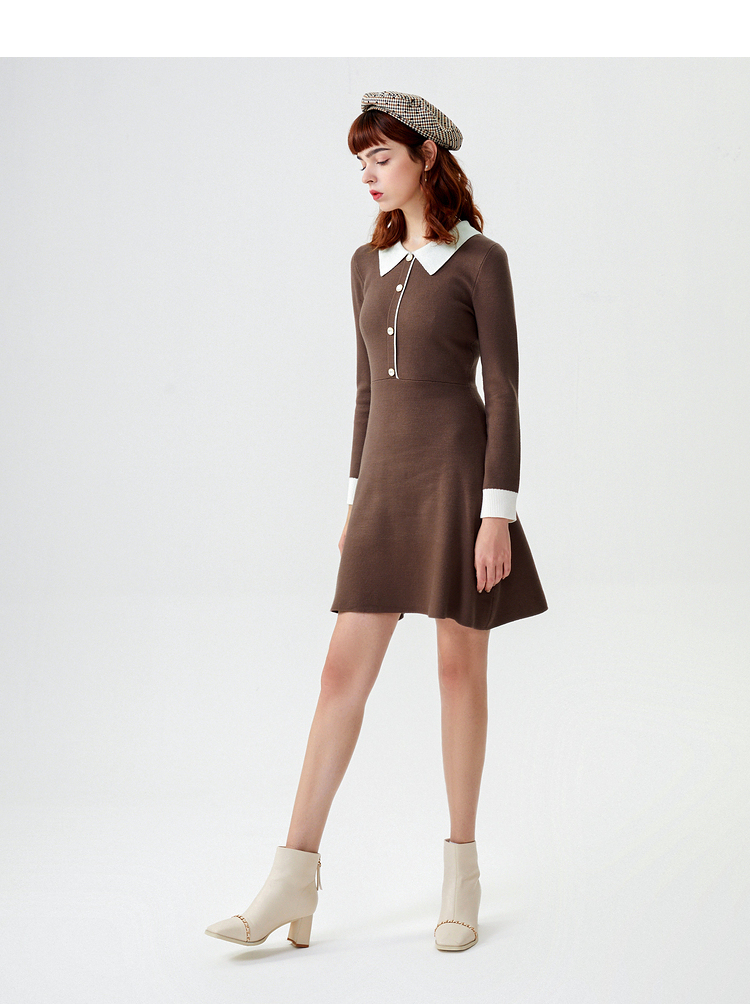 三福2021冬季女气质名媛撞色翻领设计连衣裙时尚裙子女446966 咖啡色