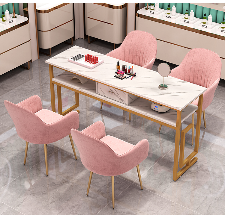 时尚网红美甲桌美甲台美甲店专用桌子椅子套装经济型单人小型金白石纹