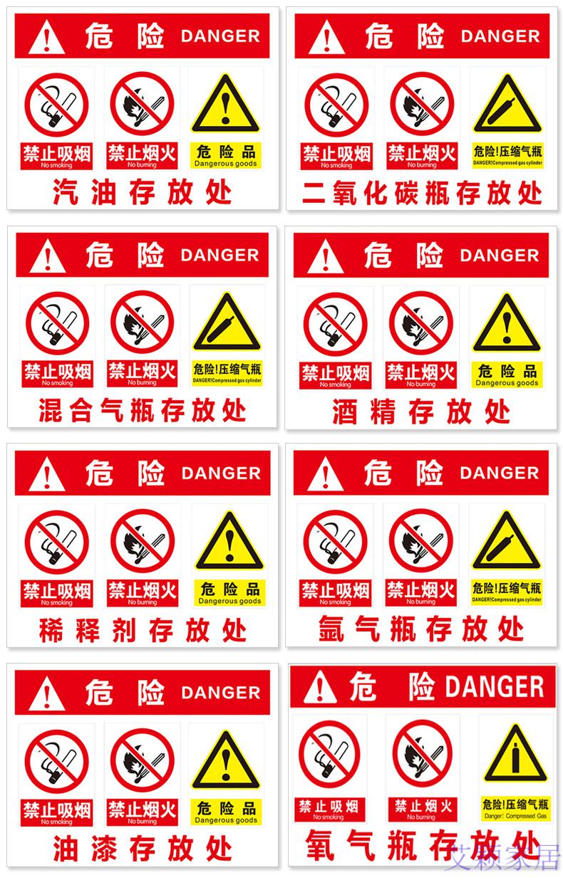 存放處安全標識牌乙炔空瓶滿瓶二氧化碳氬氣瓶油漆存放處廢機油氮氣