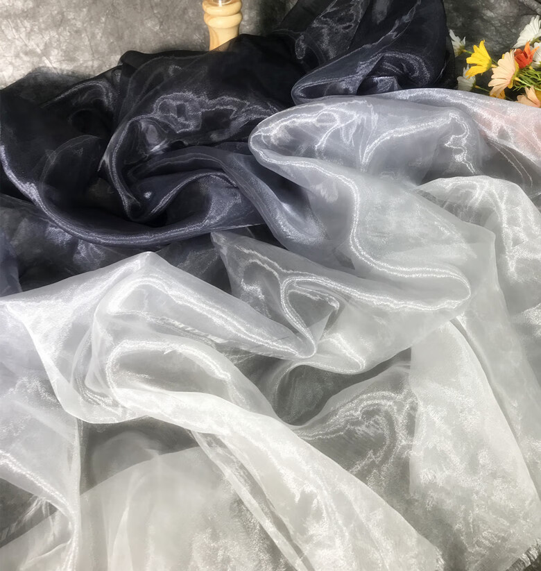蓝色欧根纱面料一米价硬挺水光纱亮光黑蓝色渐变色欧根纱布料透明汉