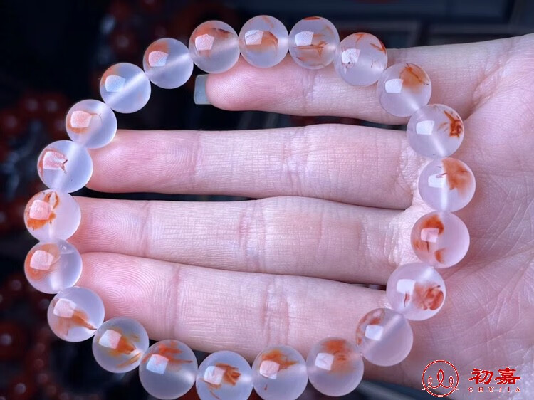 初嘉 川料南红九口冰飘手串 高冰底起荧光飘散花 干净无杂裂精品单圈