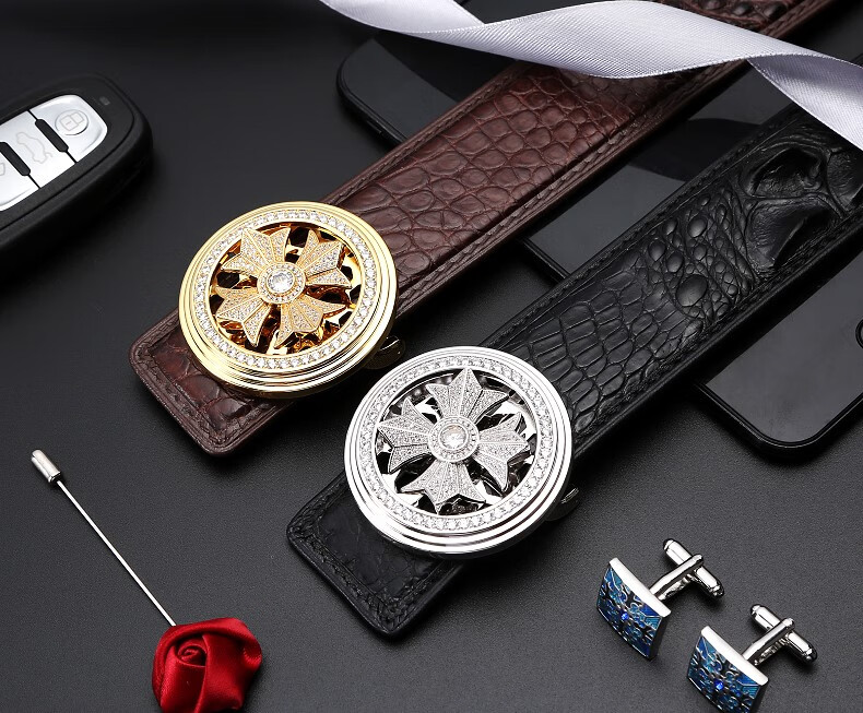 【京选品质】克罗心皮带男 鳄鱼皮腰带男镶钻时来运转男士皮带潮真皮