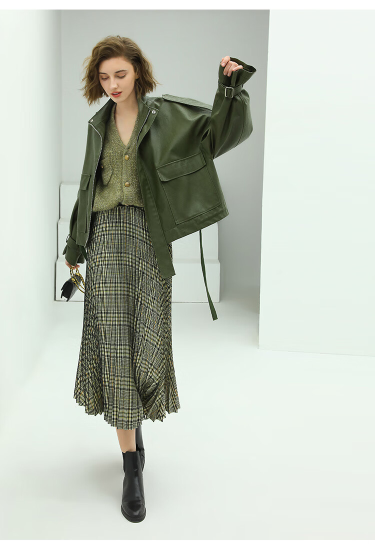 cocobella复古格纹百褶迷笛裙女春新款高腰a字半身长裙hs49格子l