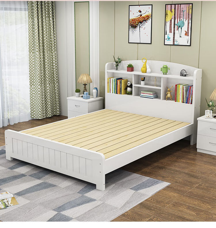 创森小米床实木床15米单人床1米公主床带书架多功能学生床白粉单层