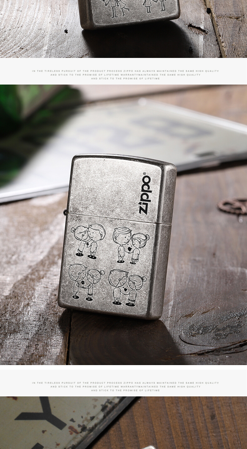zippo正版打火机男款古银相知相恋卡通图案男士火机情人七夕礼物 相知